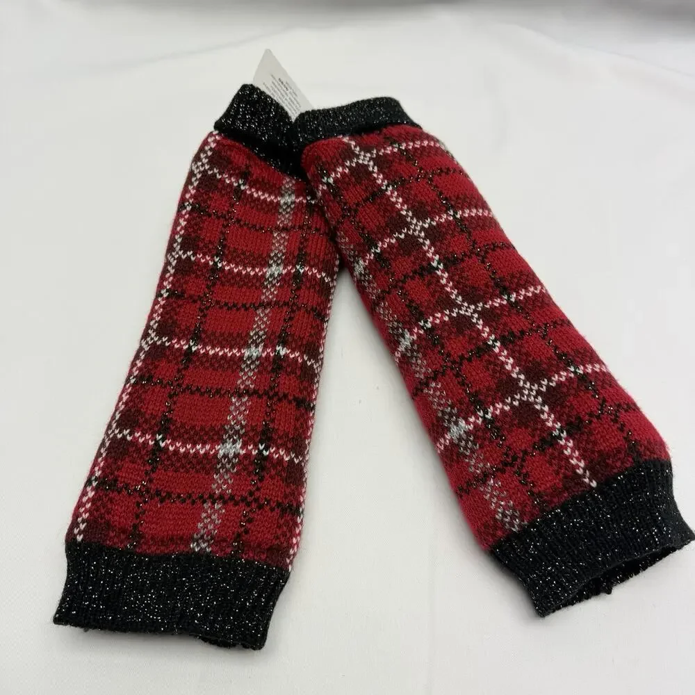 Muk Luks Fingerless Gloves Women’s OSFM Red Plaid Knit Arm Warmers NWT